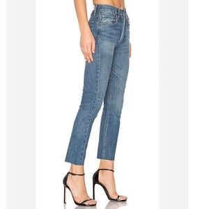 NEW Re/Done blue distressed whiskered frayed hem button fly cropped jeans 26